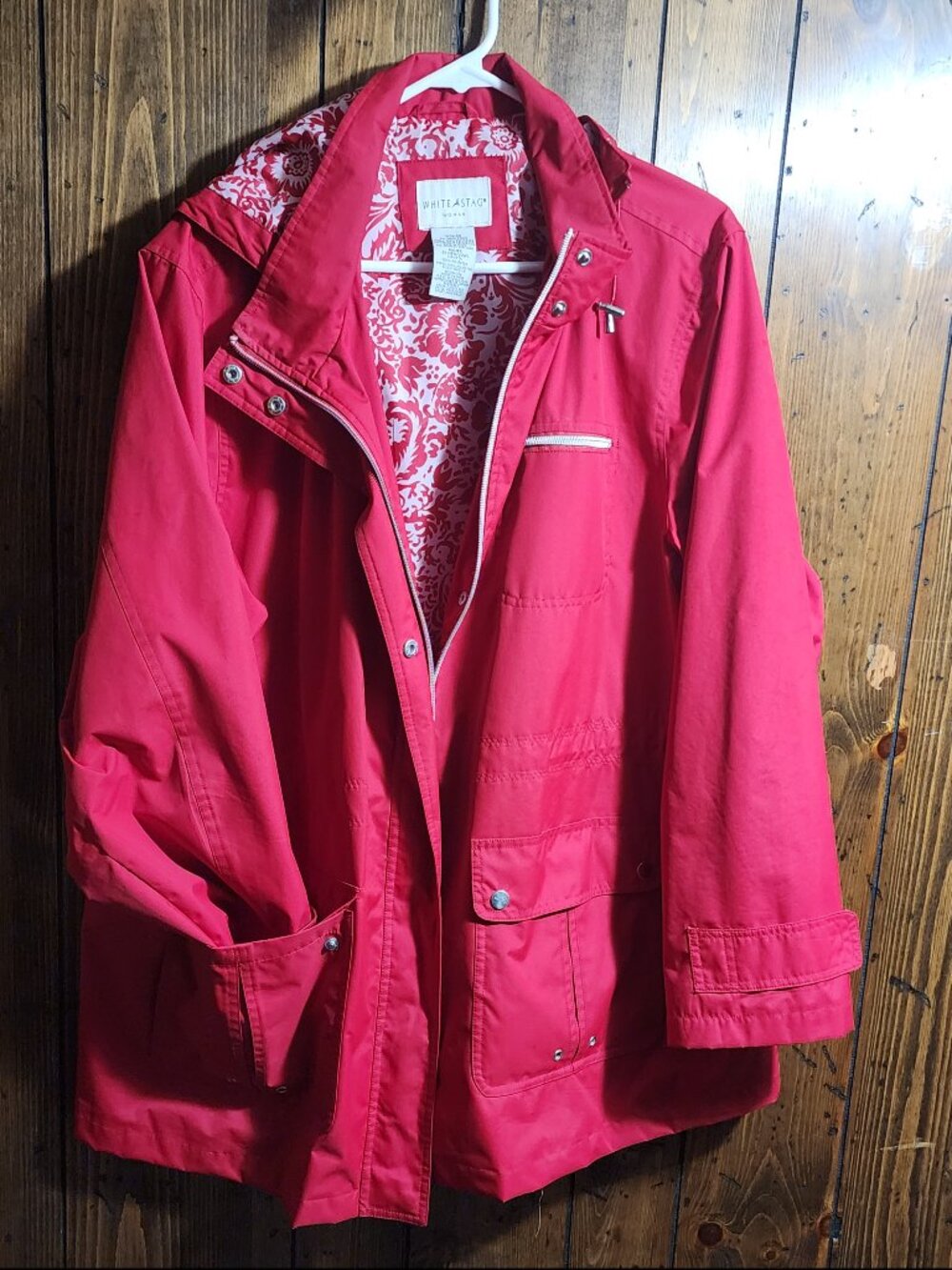 White Stag Red Hooded Raincoat Parka Jacket Damask Lining Size 2X